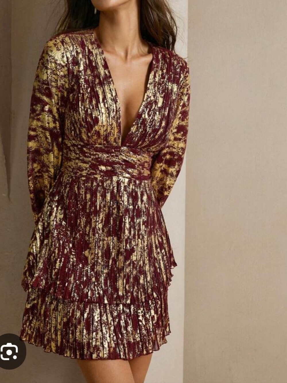 Maroon and Gold V-Neck Long Sleeve Tiered Mini Dress